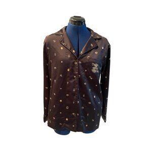 Lauren Ralph Lauren Black Satin Pajama Top With Gold Logo Print & Pocket Detail